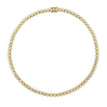 A 14K yellow gold tennis necklace featuring a continuous row of bezel-set clear diamonds, arranged in a circular shape on a solid white background.