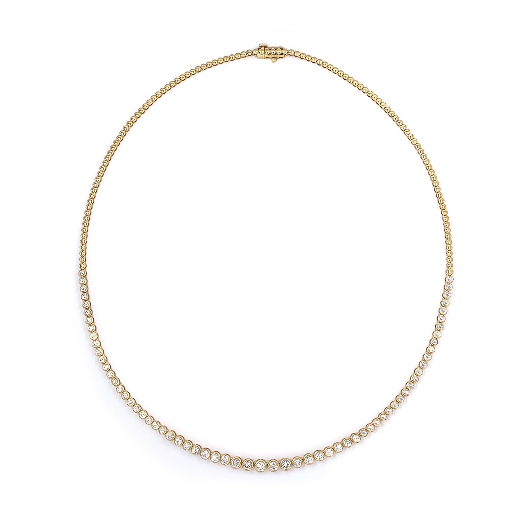 14K yellow gold bezel set diamond tennis necklace