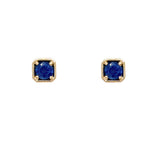 Pair of gold earrings with sapphire gemstones on a white background