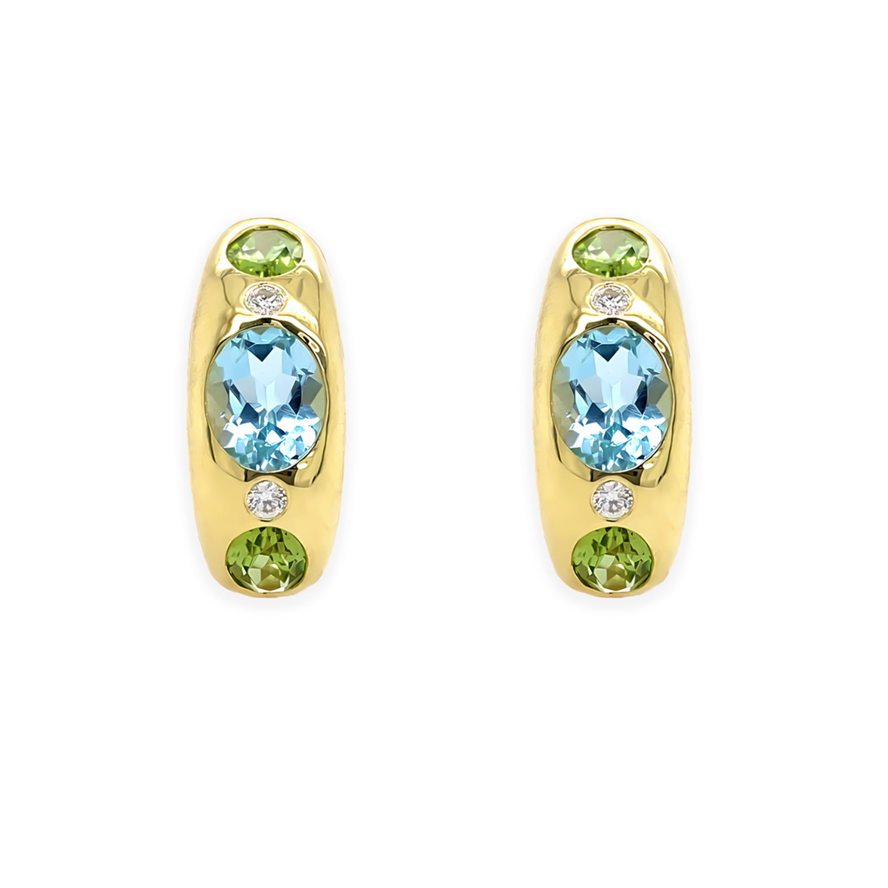 A pair of 14K yellow gold earrings featuring blue topaz centers with peridot accents and diamond accents