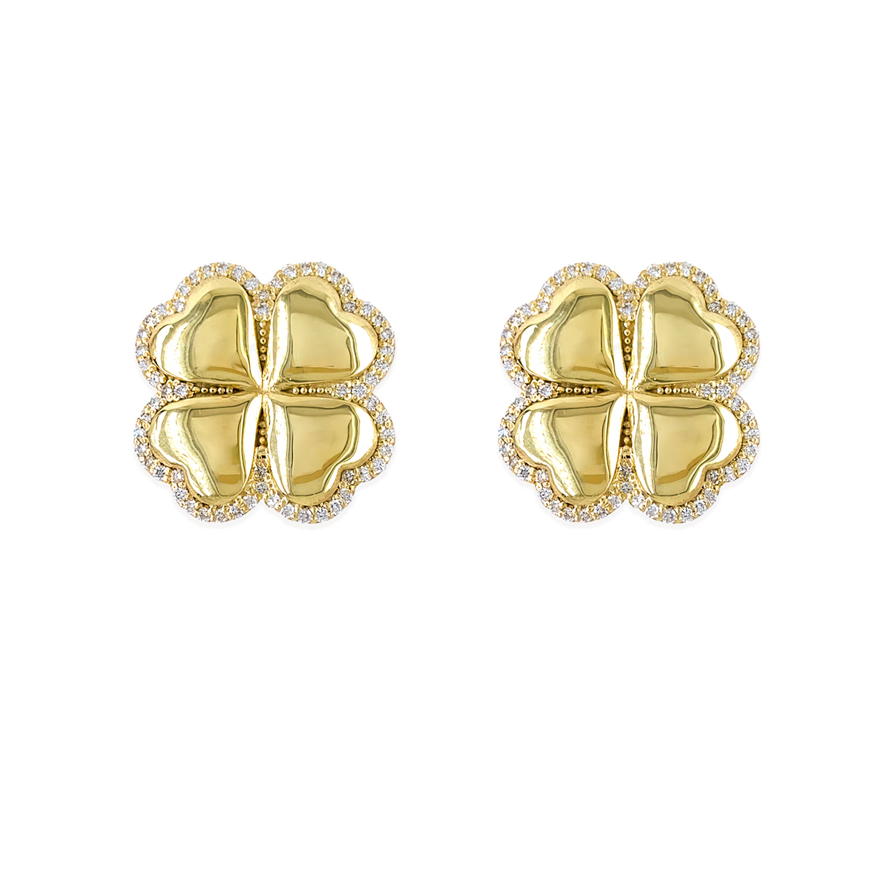 A pair of 14K yellow gold clover earrings with diamond accents.