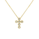 A 14K yellow gold diamond cross necklace with a yellow gold chain and a cross pendant encrusted with diamonds.