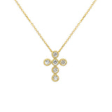 A 14K yellow gold diamond cross necklace with a yellow gold chain and a cross pendant encrusted with diamonds.