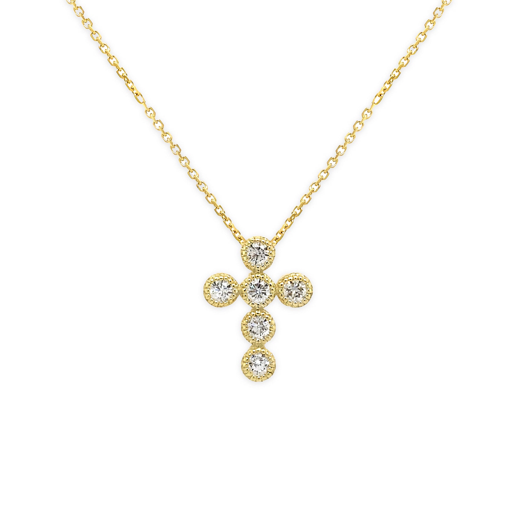 A 14K yellow gold diamond cross necklace with a yellow gold chain and a cross pendant encrusted with diamonds.