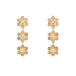 A pair of 14K yellow gold diamond drop flower earrings with multiple petals and a central diamond on each flower.