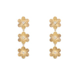 A pair of 14K yellow gold diamond drop flower earrings with multiple petals and a central diamond on each flower.