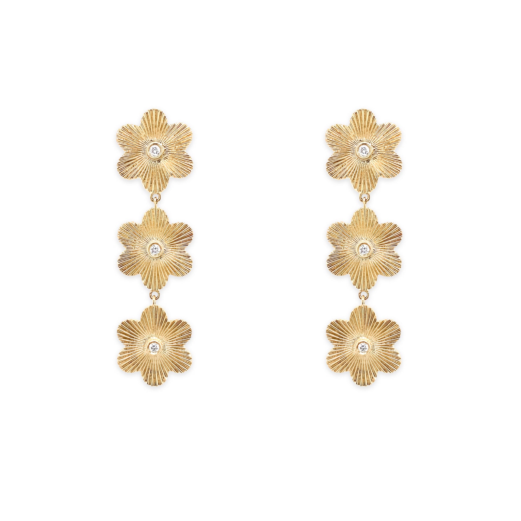 A pair of 14K yellow gold diamond drop flower earrings with multiple petals and a central diamond on each flower.