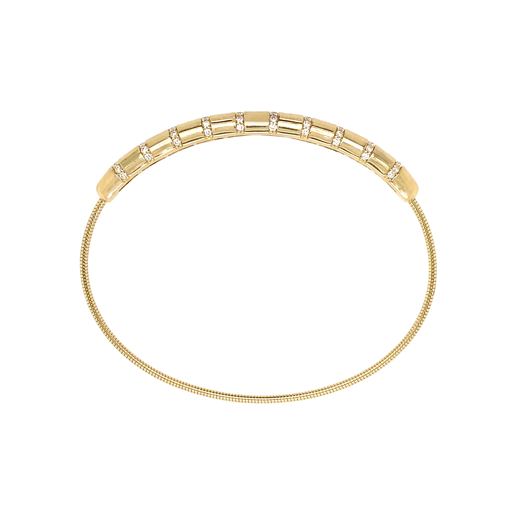 side view of 14k Gold stretch bracelet with a white background
