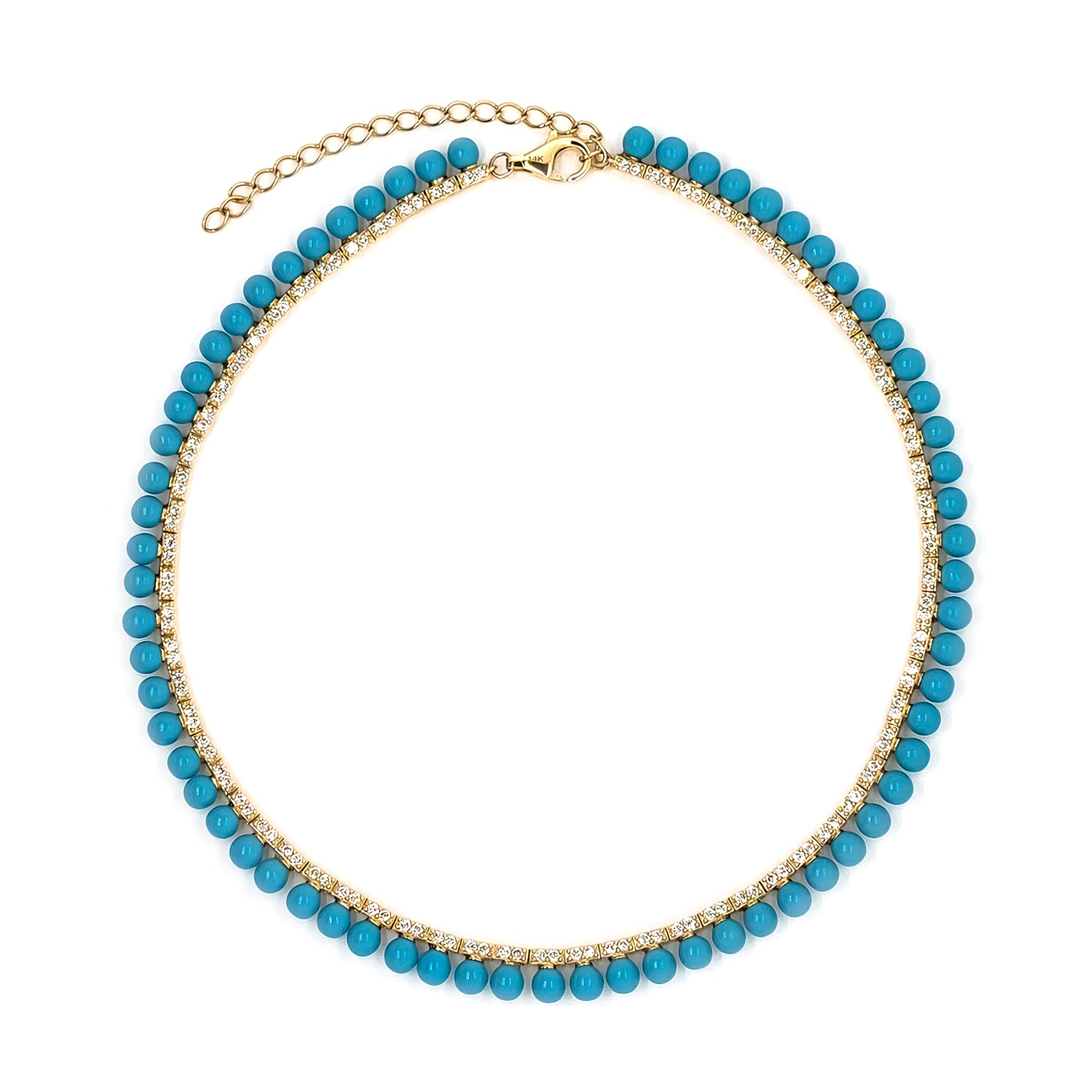 Turquoise beaded necklace with with diamonds on a gold chain on a white background