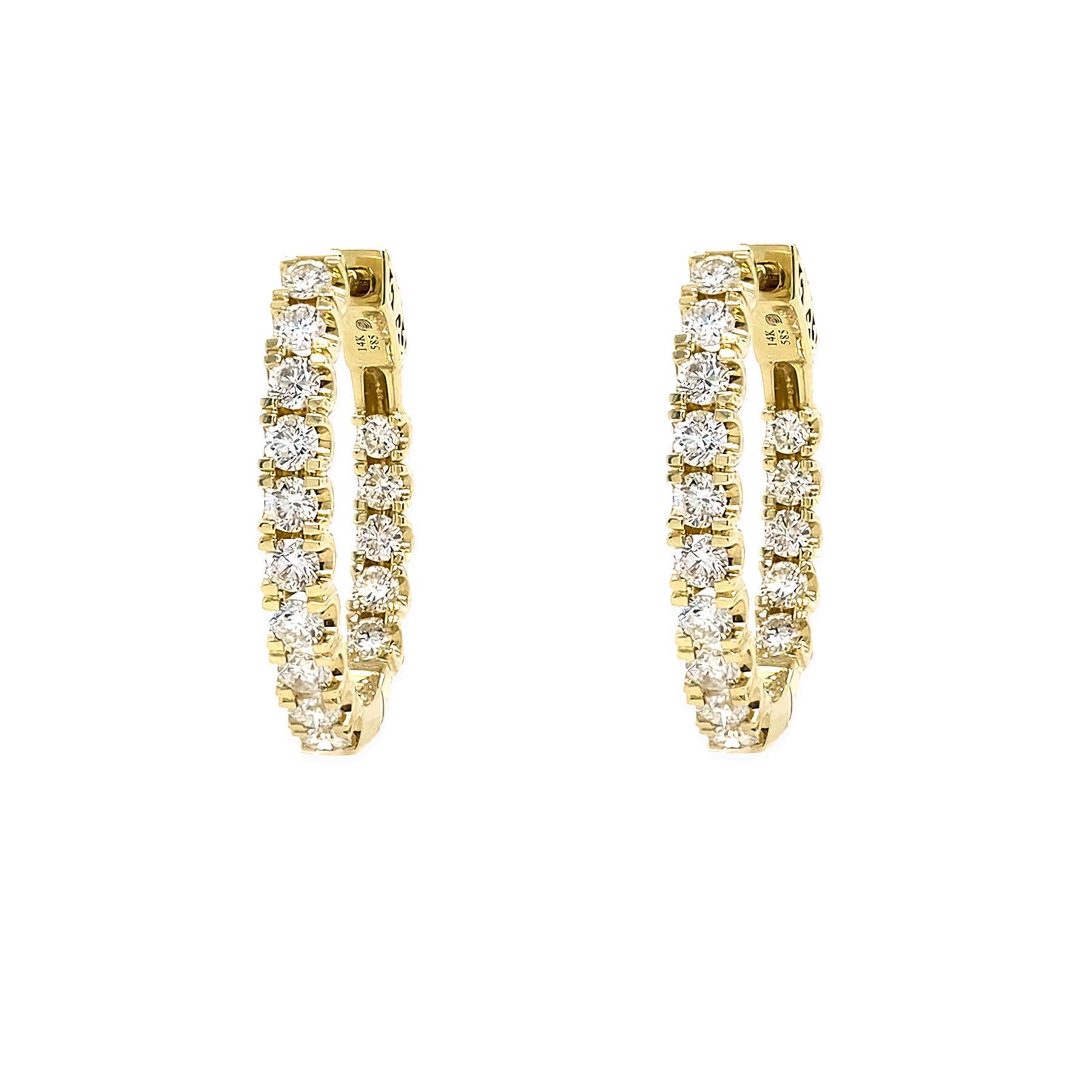 14K Gold hoop earrings with diamond accents on a white background