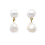 14k yellow gold double pearl drop earrings with diamonds in between