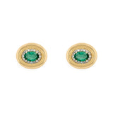 Pair of 14K gold earrings with emerald stones on a white background