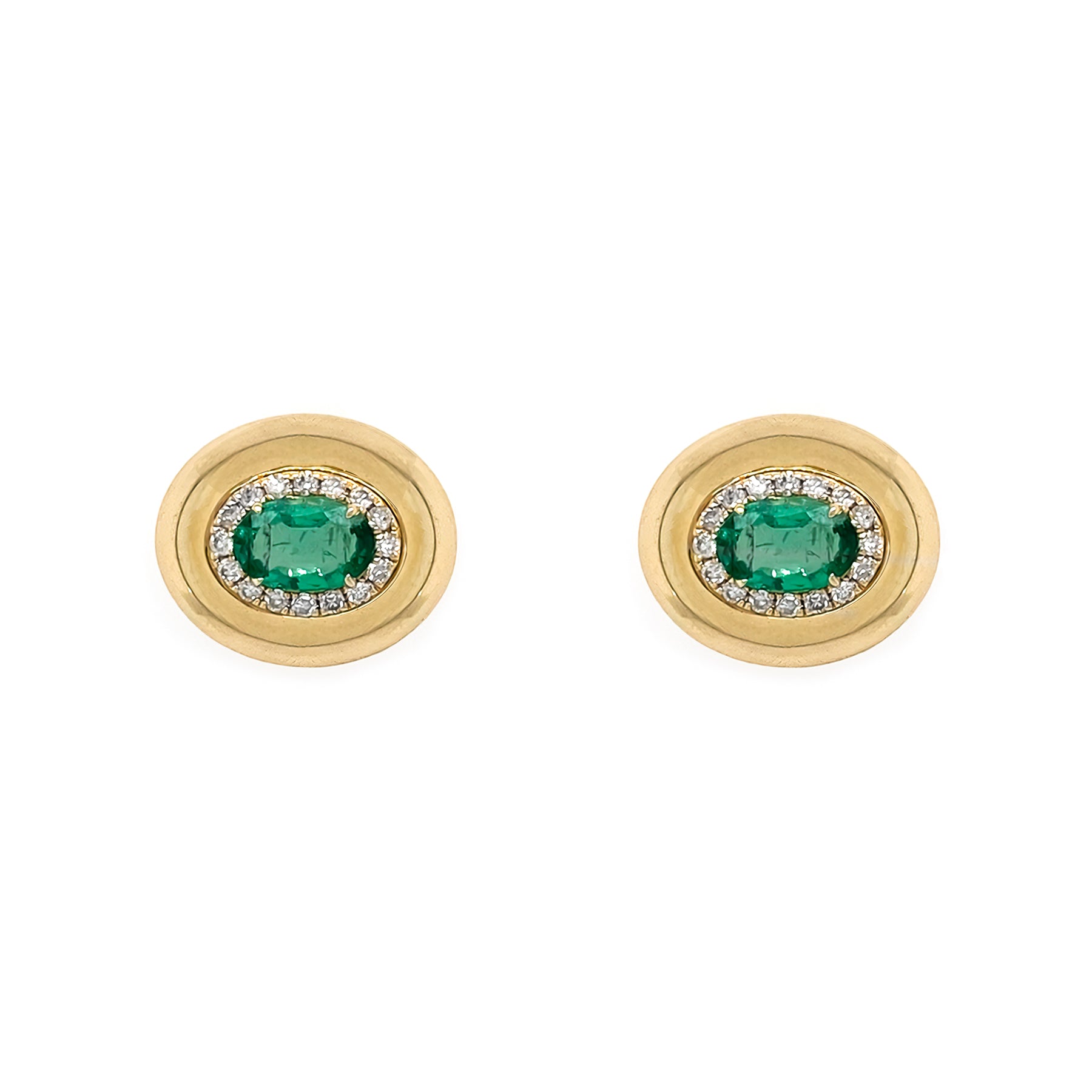 Pair of 14K gold earrings with emerald stones on a white background