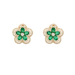 Pair of 14K gold flower earrings with emerald gemstones and diamonds