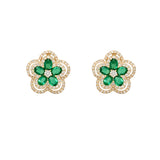 Pair of 14K gold flower earrings with emerald gemstones and diamonds