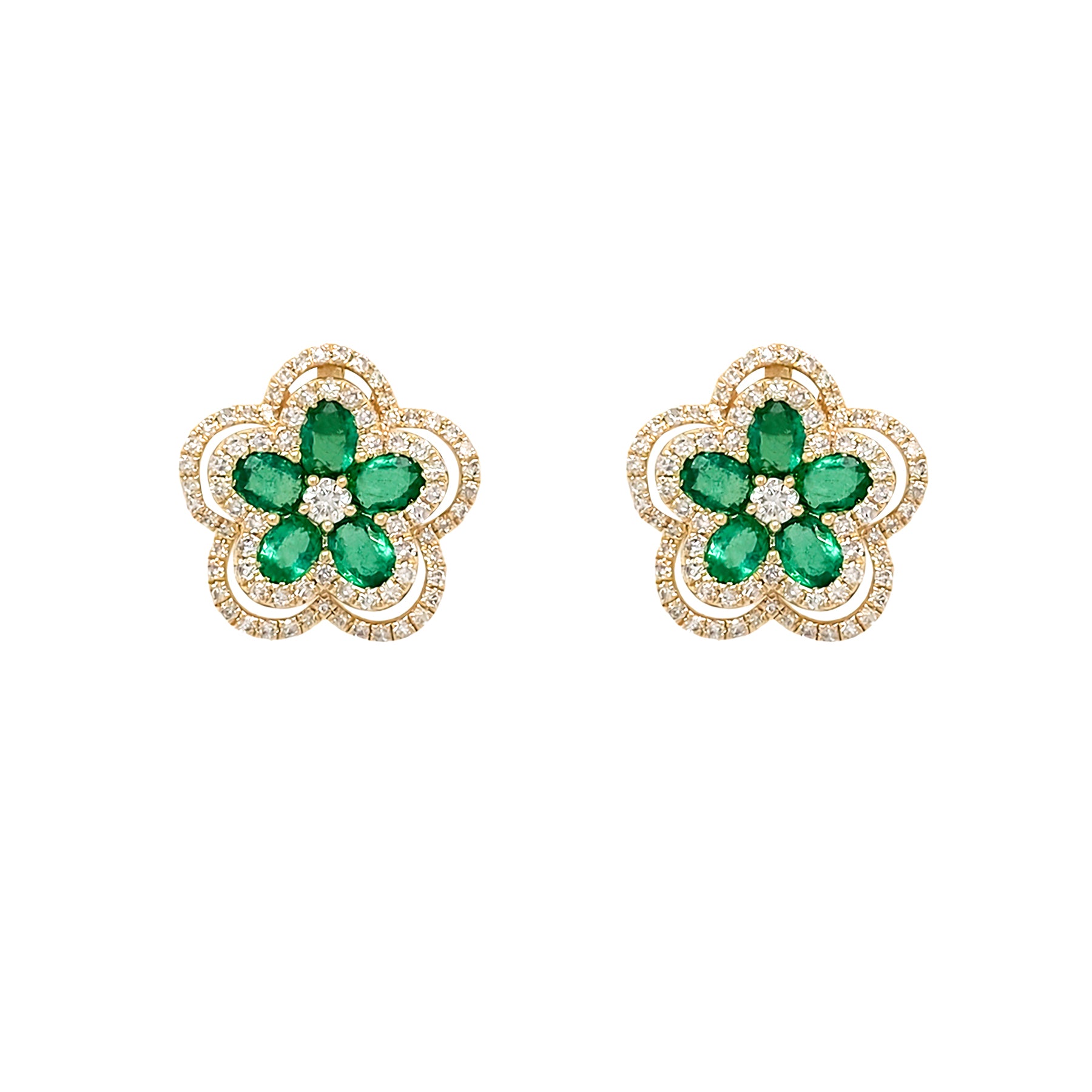 Pair of 14K gold flower earrings with emerald gemstones and diamonds