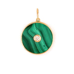 Green malachite pendant with 14K gold frame and a center diamond on a white background