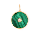Green malachite pendant with 14K gold frame and a center diamond on a white background