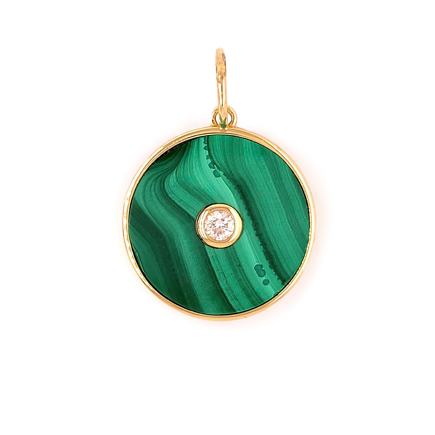 Green malachite pendant with 14K gold frame and a center diamond on a white background