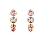 A pair of 14K yellow gold morganite drop earrings with multiple stones in each earring arranged in a vertical line.