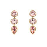 A pair of 14K yellow gold morganite drop earrings with multiple stones in each earring arranged in a vertical line.