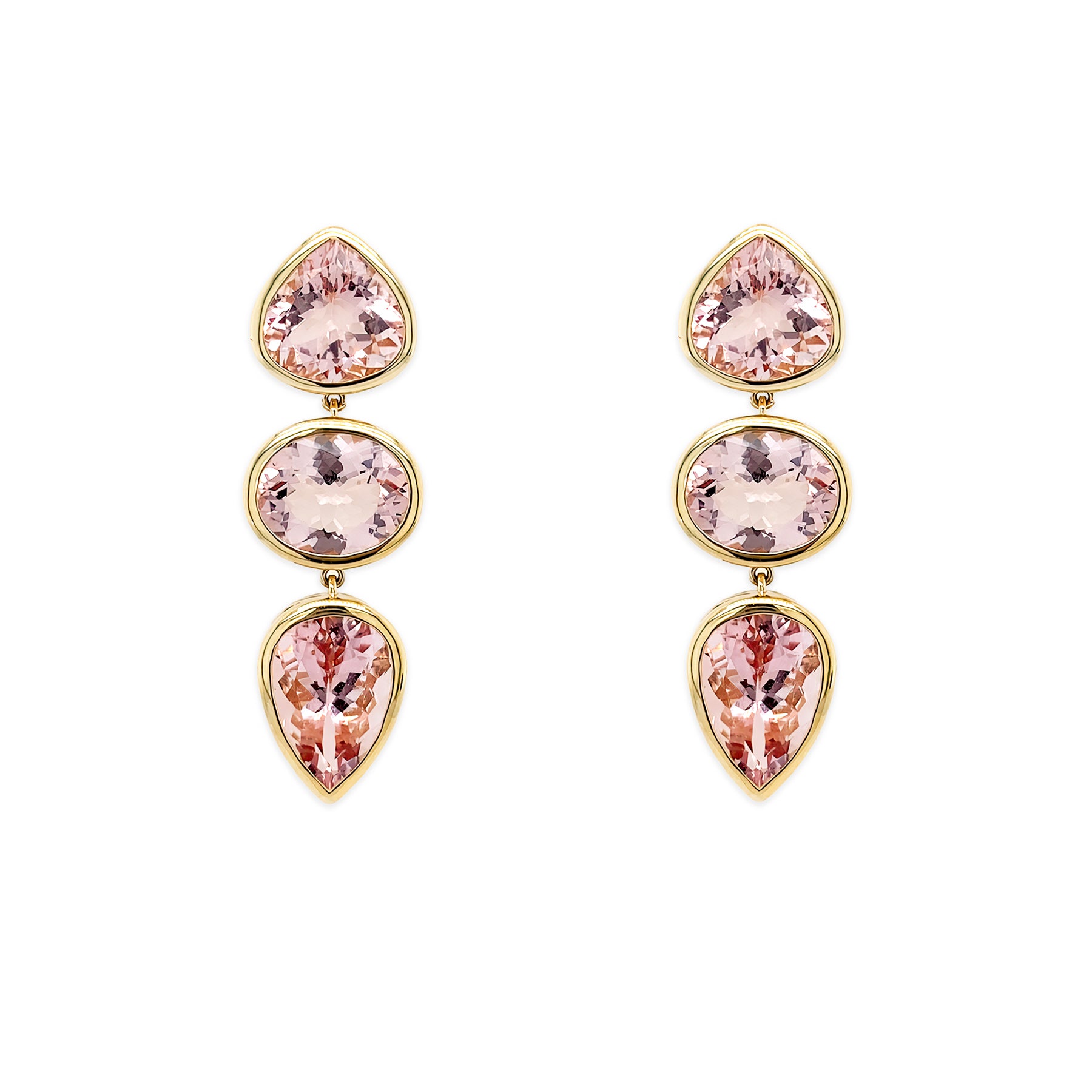 A pair of 14K yellow gold morganite drop earrings with multiple stones in each earring arranged in a vertical line.