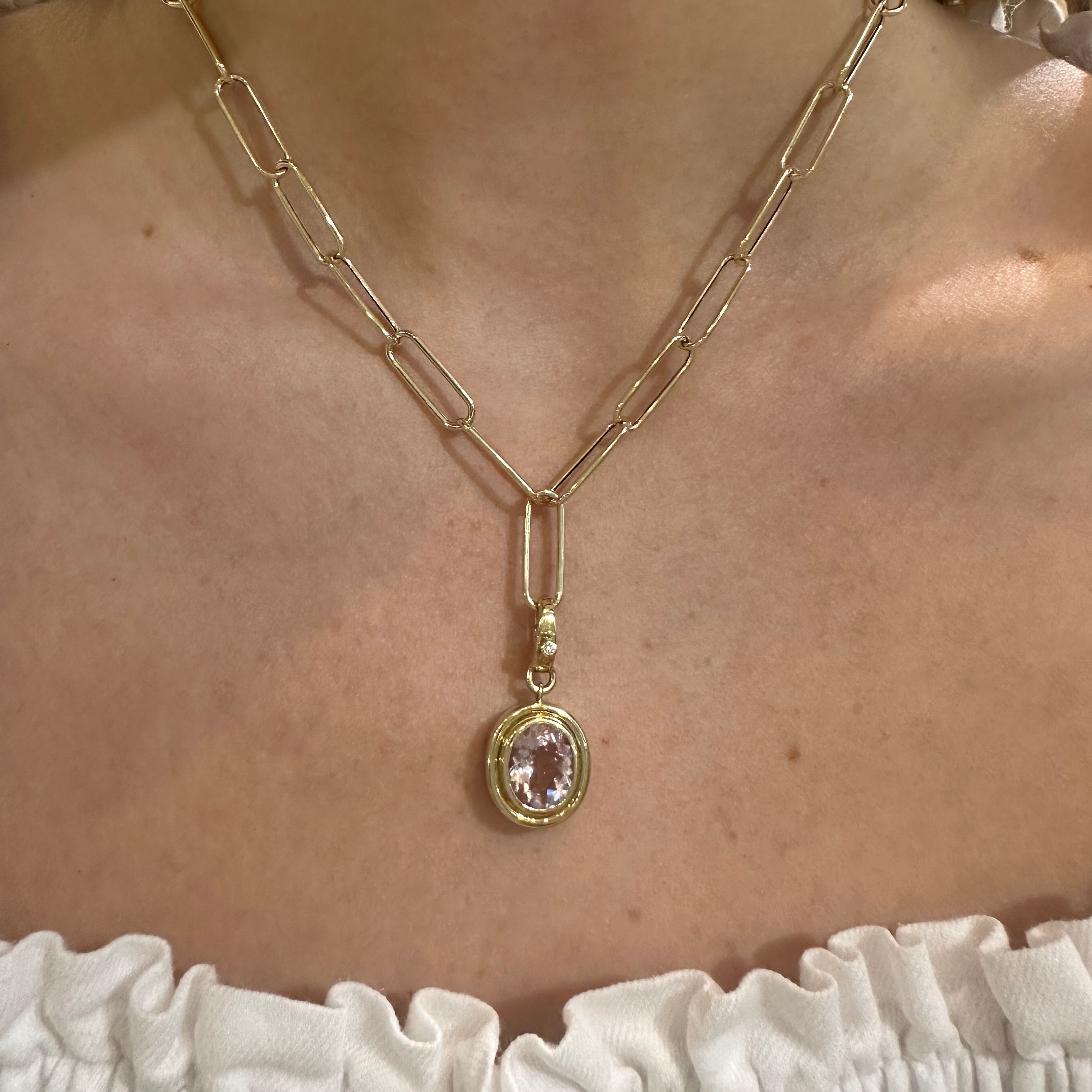 14K Gold necklace with a pendant on a woman's neck against a neutral background