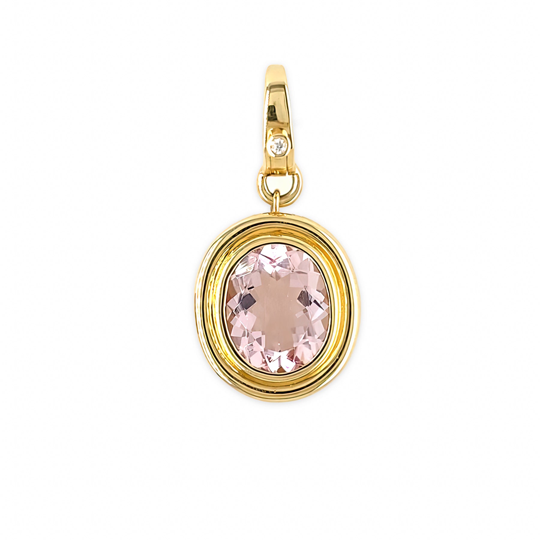 14K Gold pendant with a pink Morganite gemstone on a white background