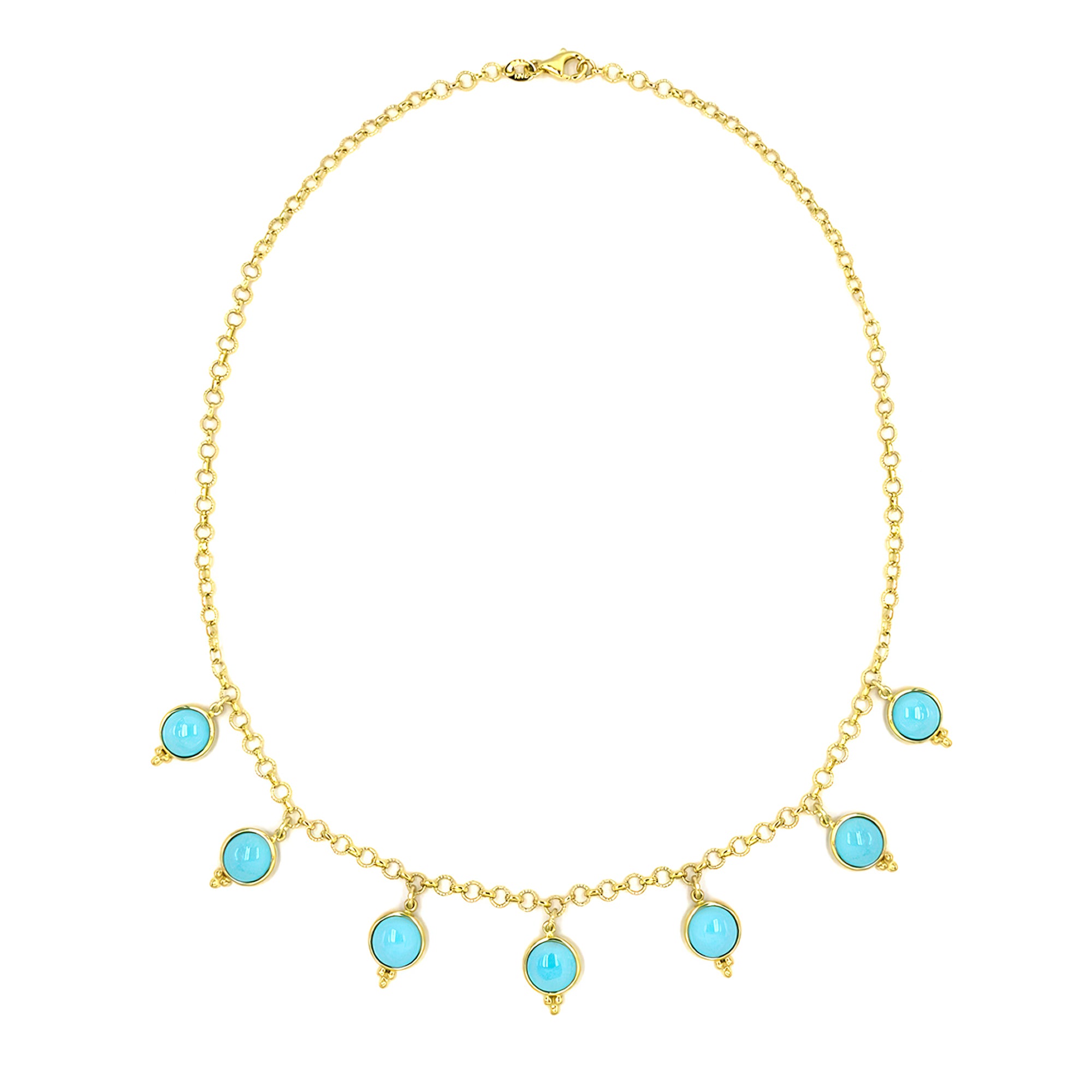 14K Yellow Gold necklace with turquoise stones on a white background