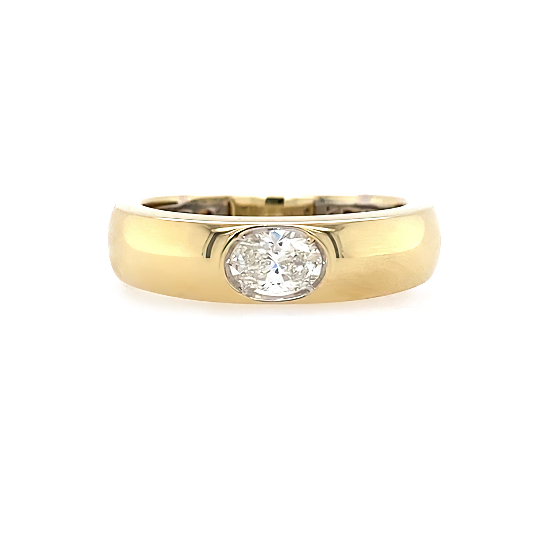 14K Gold ring with an oval diamond on a white background