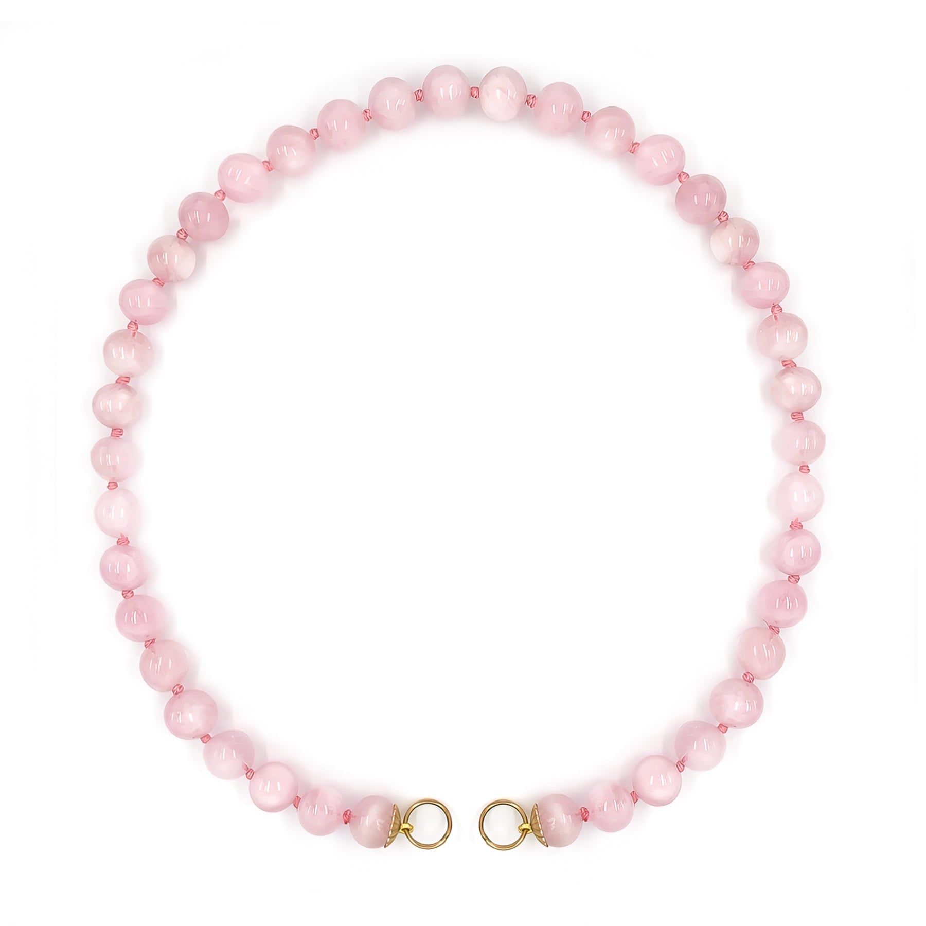 Pink Kunzite beaded necklace with gold clasp on a white background