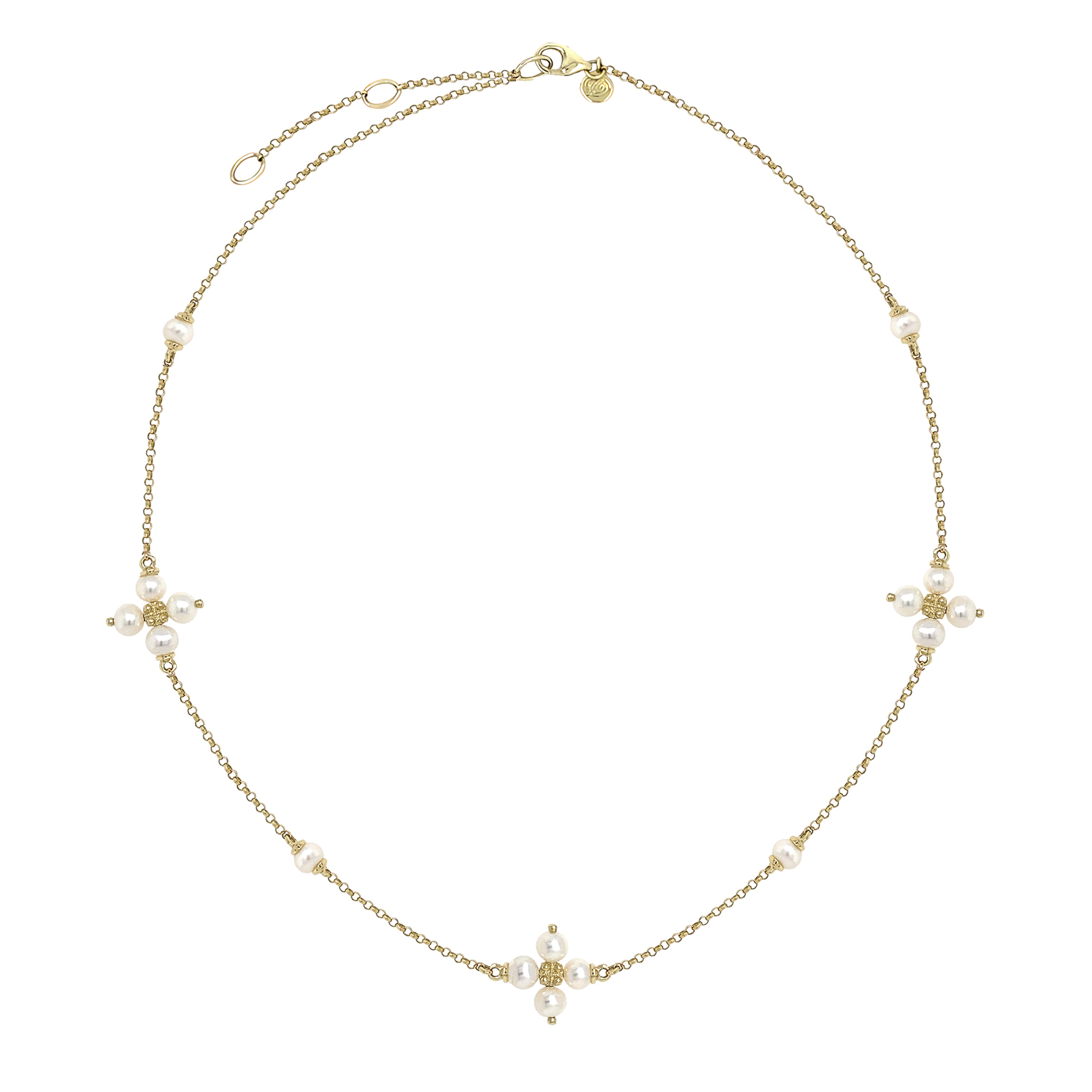14K Gold necklace with pearl pendants on a white background