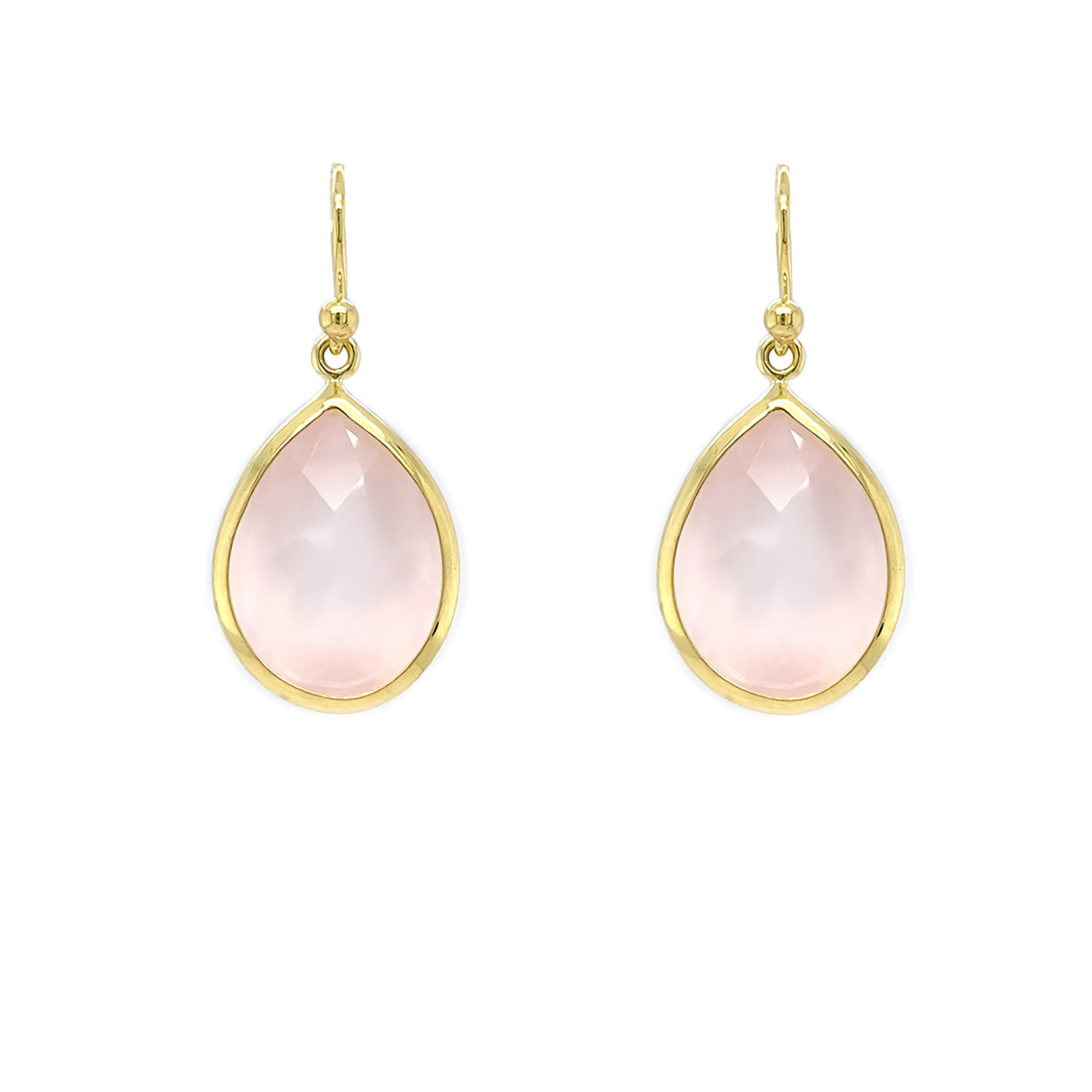 14K gold rosequartz teardrop earrings on a white background