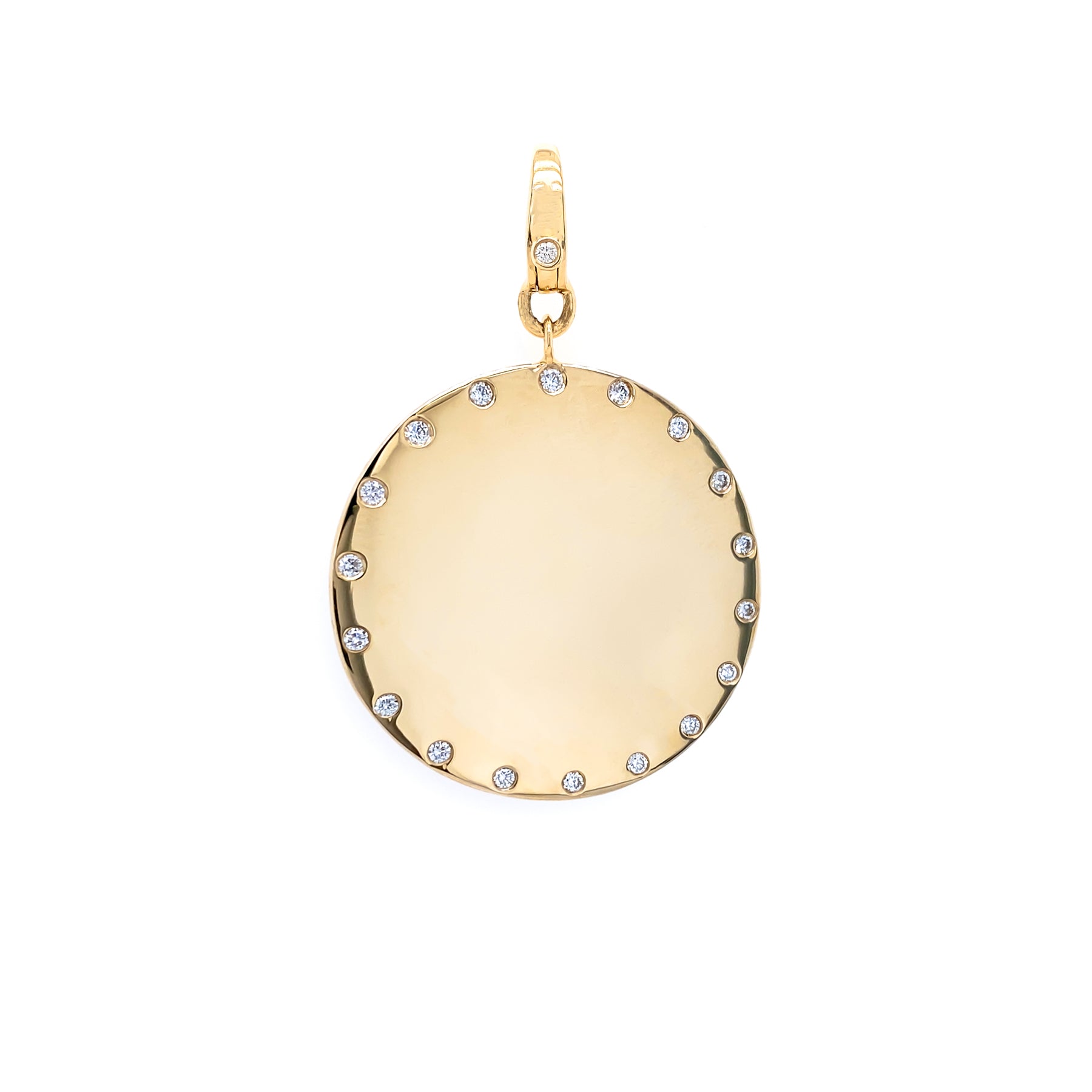 A 14K yellow gold disc pendant with scattered diamonds along the perimeter.