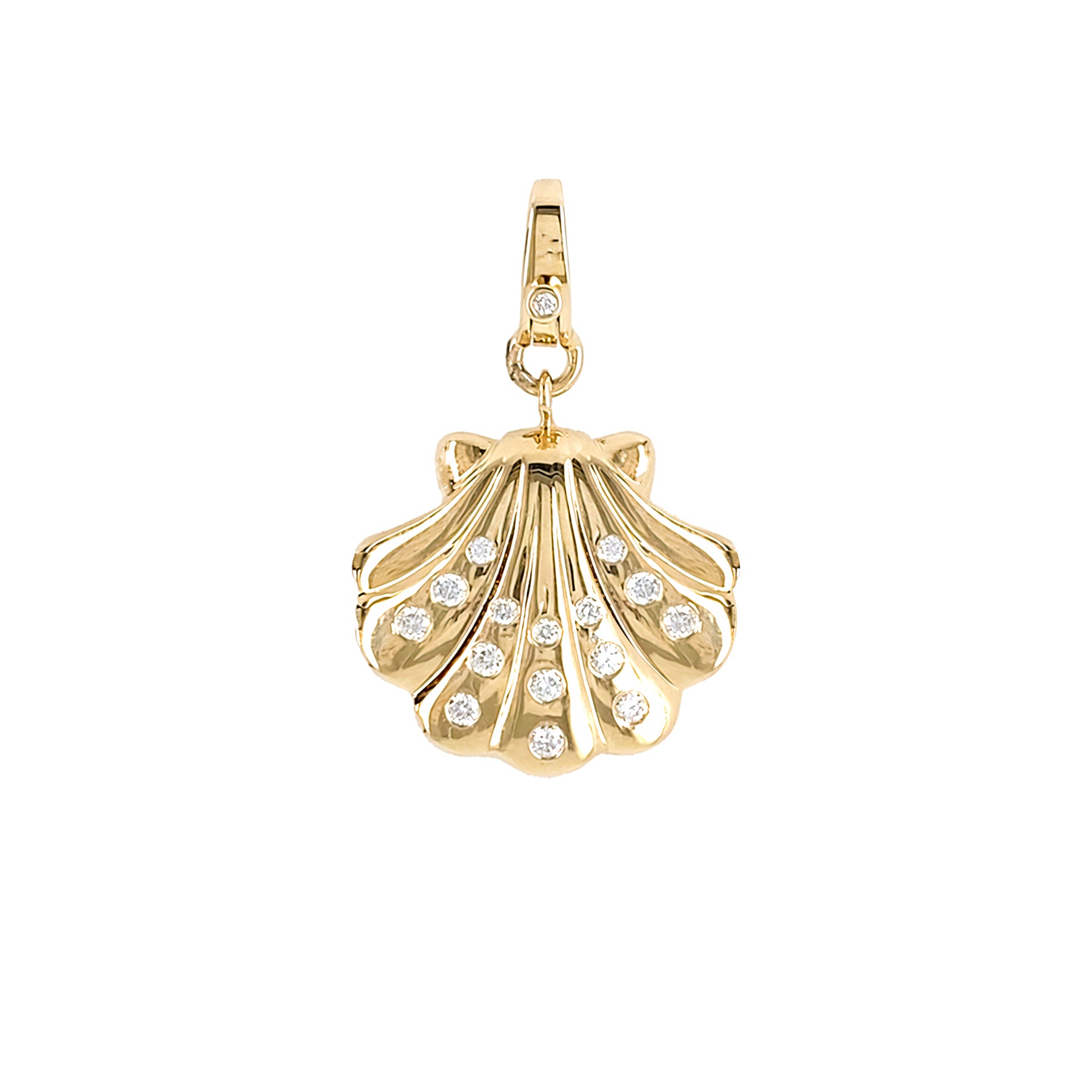 14K Gold shell pendant with embedded diamonds on a white background
