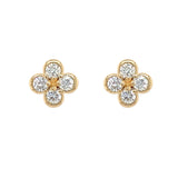 14K Gold and diamond clover-shaped earrings on a white background