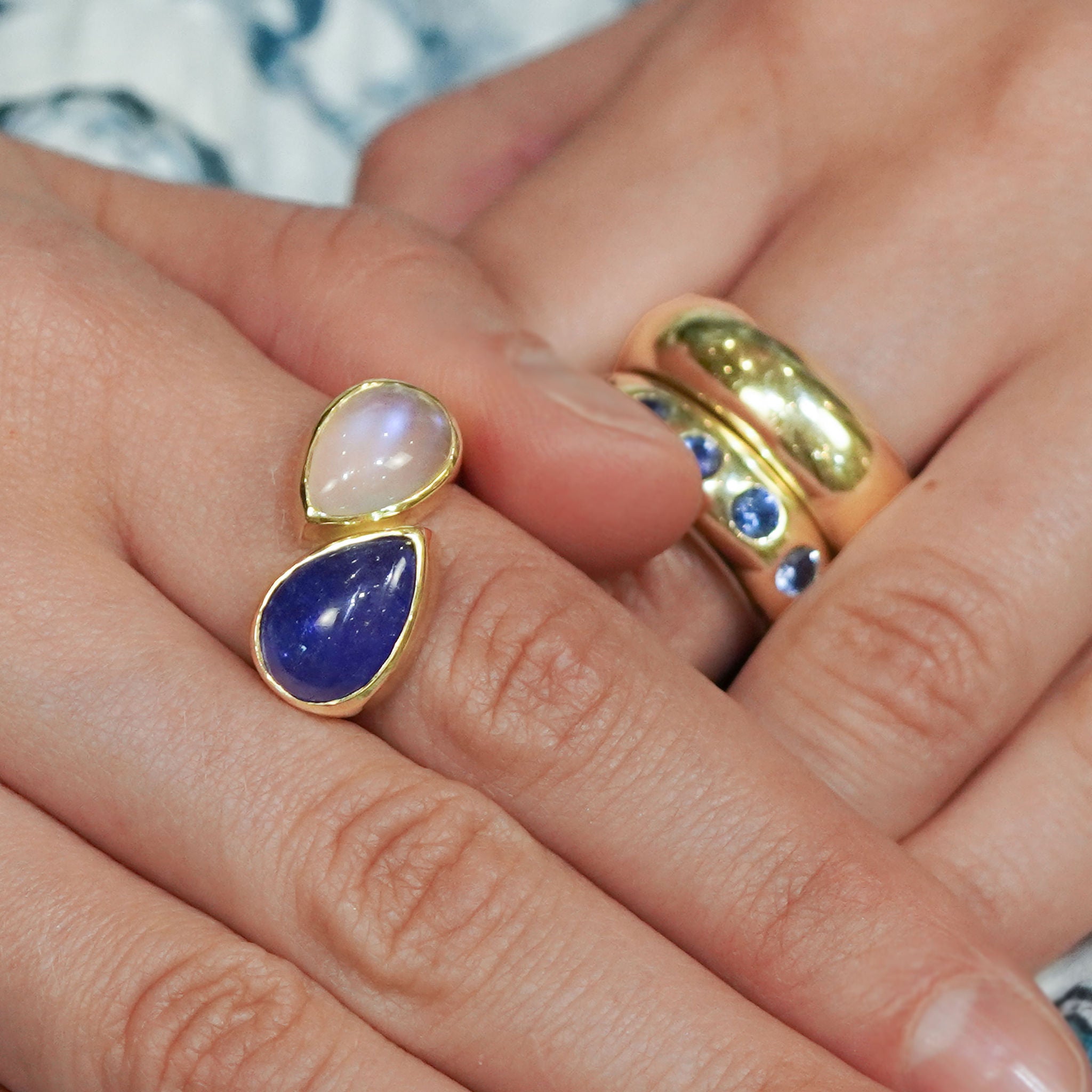 Close up of 14K gold Tanzanite and Moonstone ring