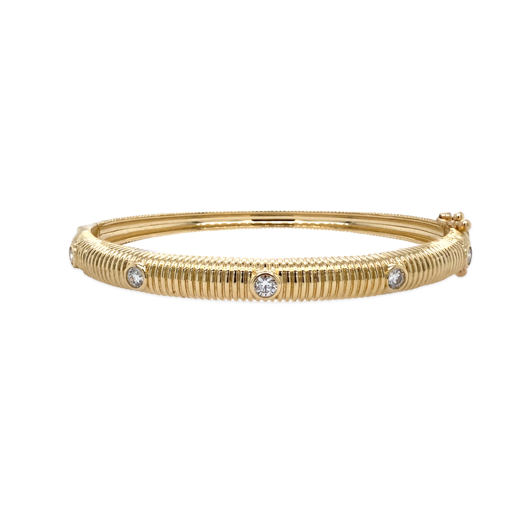 14K Gold bangle with embedded diamonds on a white background