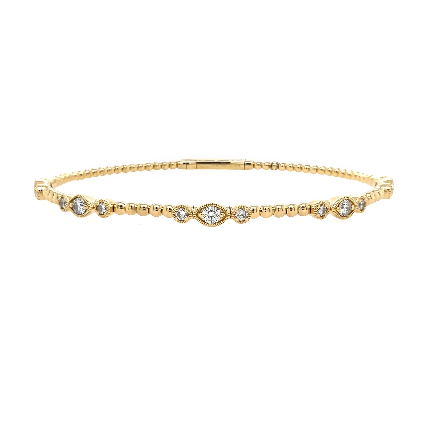 14K Gold bracelet with trio diamond stations on a white background