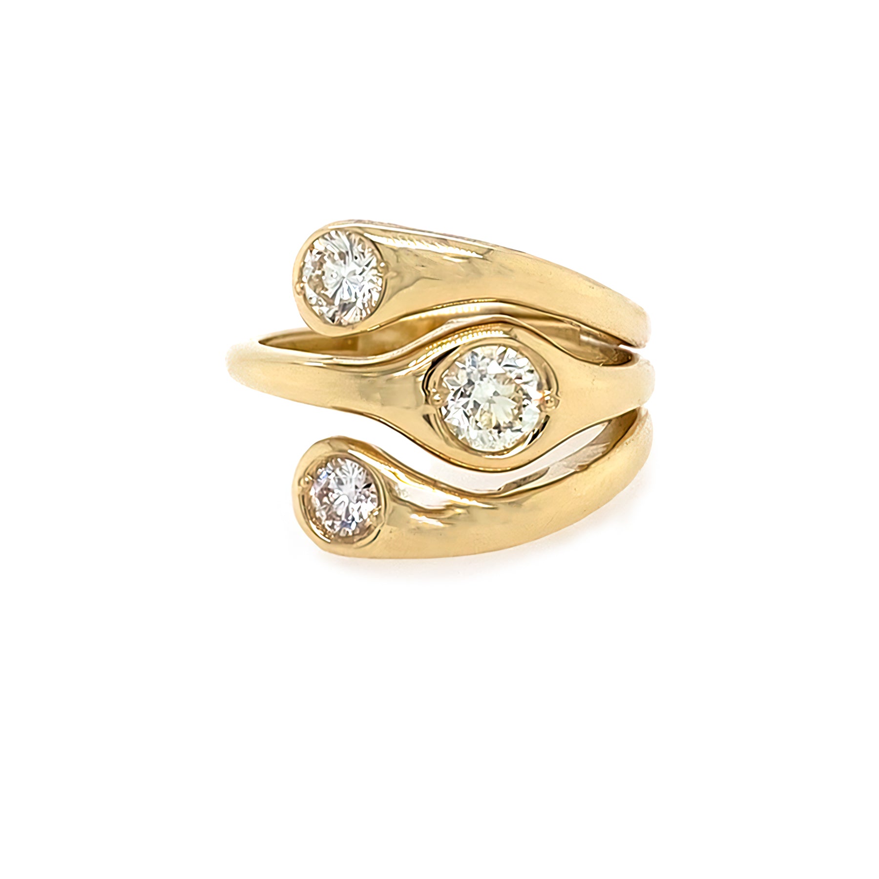Gold ring with embedded diamonds on a white background