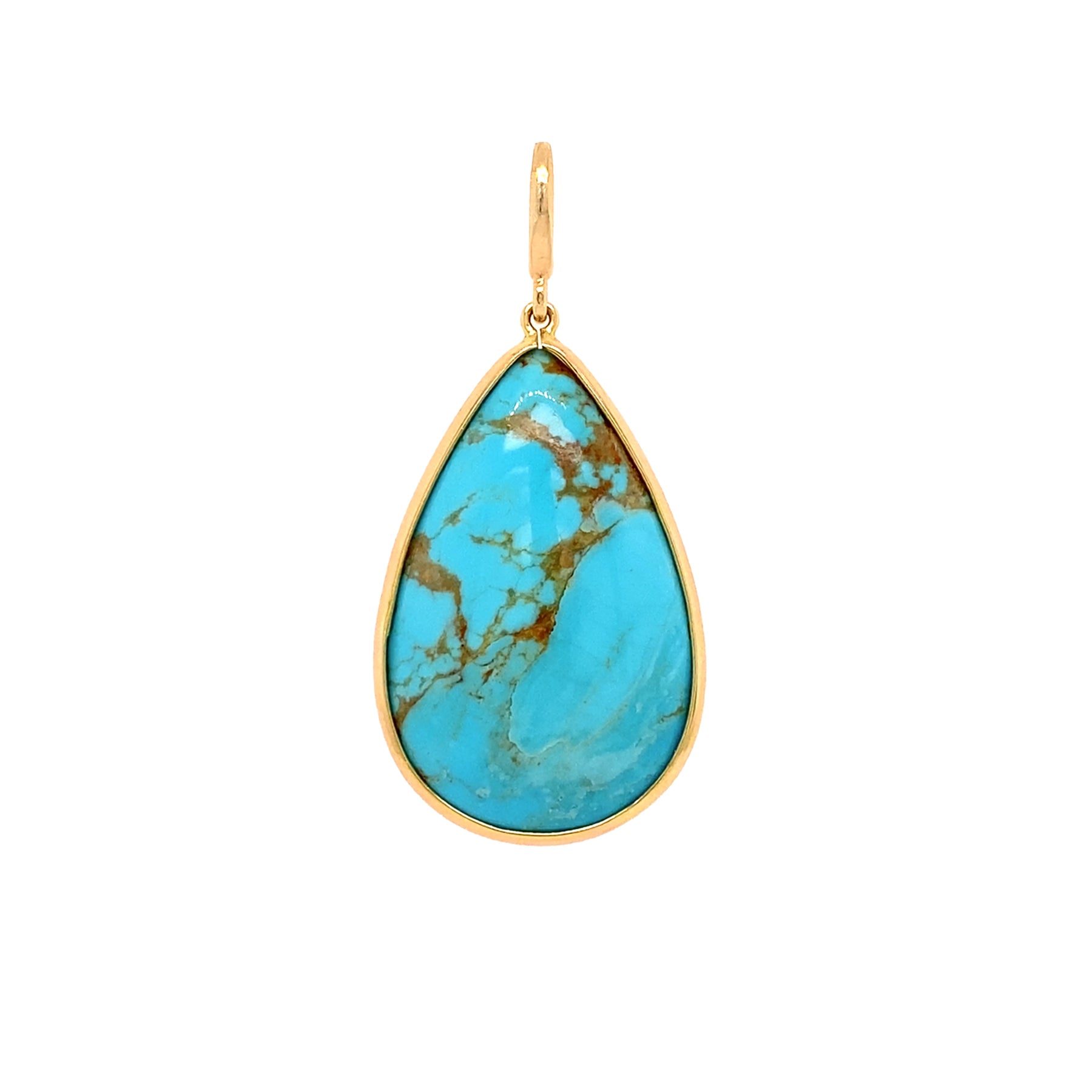 Turquoise pendant with 14K gold frame on a white background