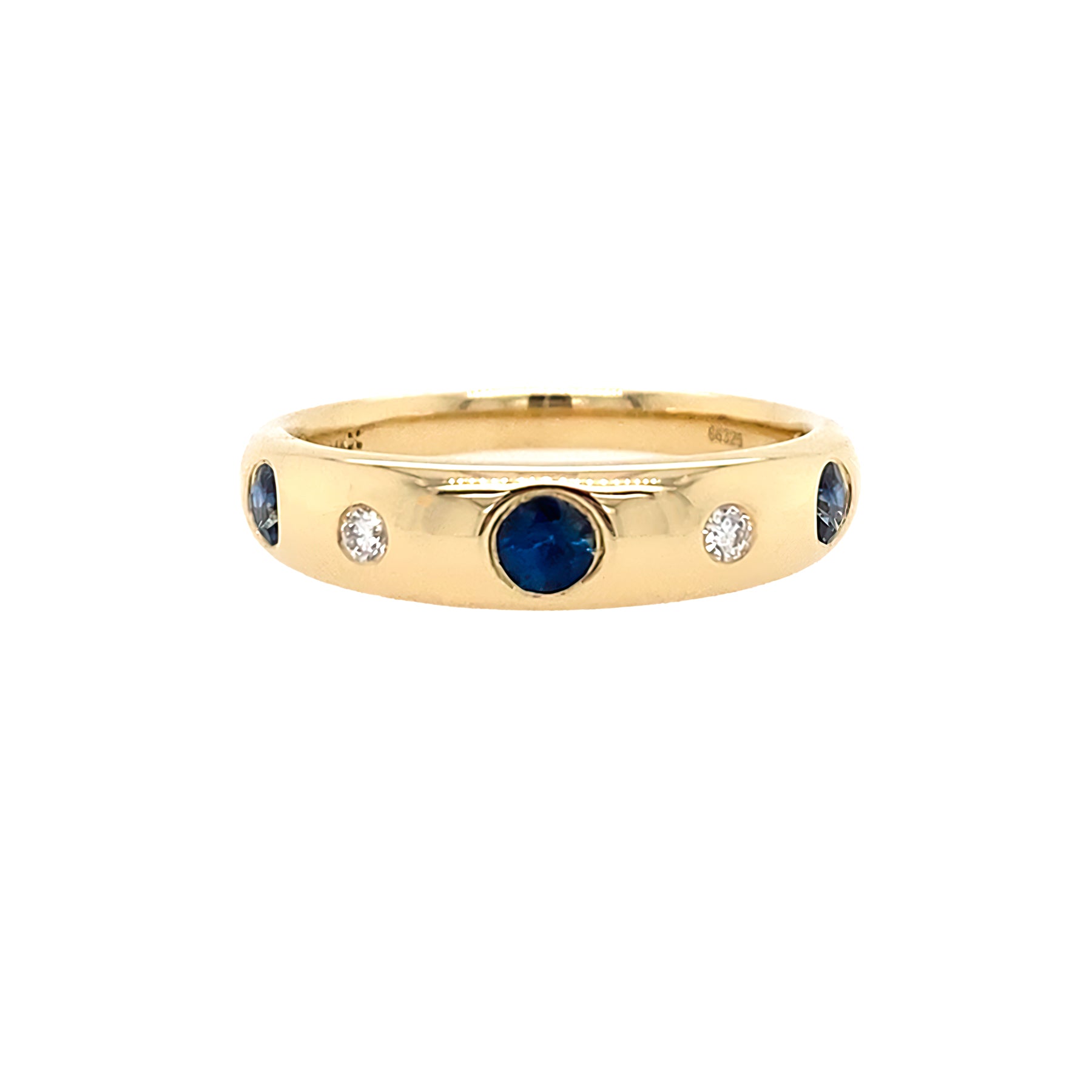 14K Gold ring with sapphire gemstones and diamonds on a white background
