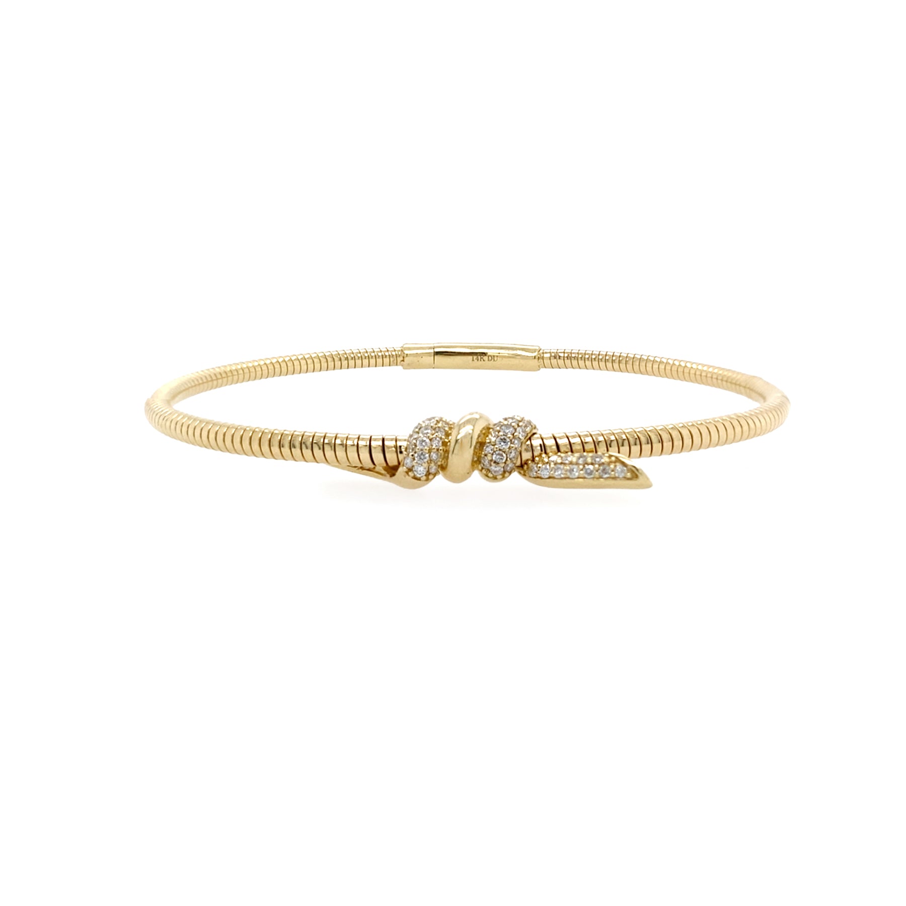 14K Gold bracelet with a knot-shaped diamond design on a white background