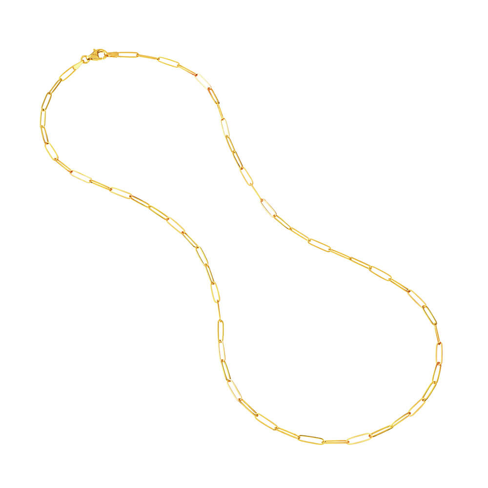 A 14K yellow gold necklace with elongated rectangular links, displayed in a loose loop on a solid white background.
