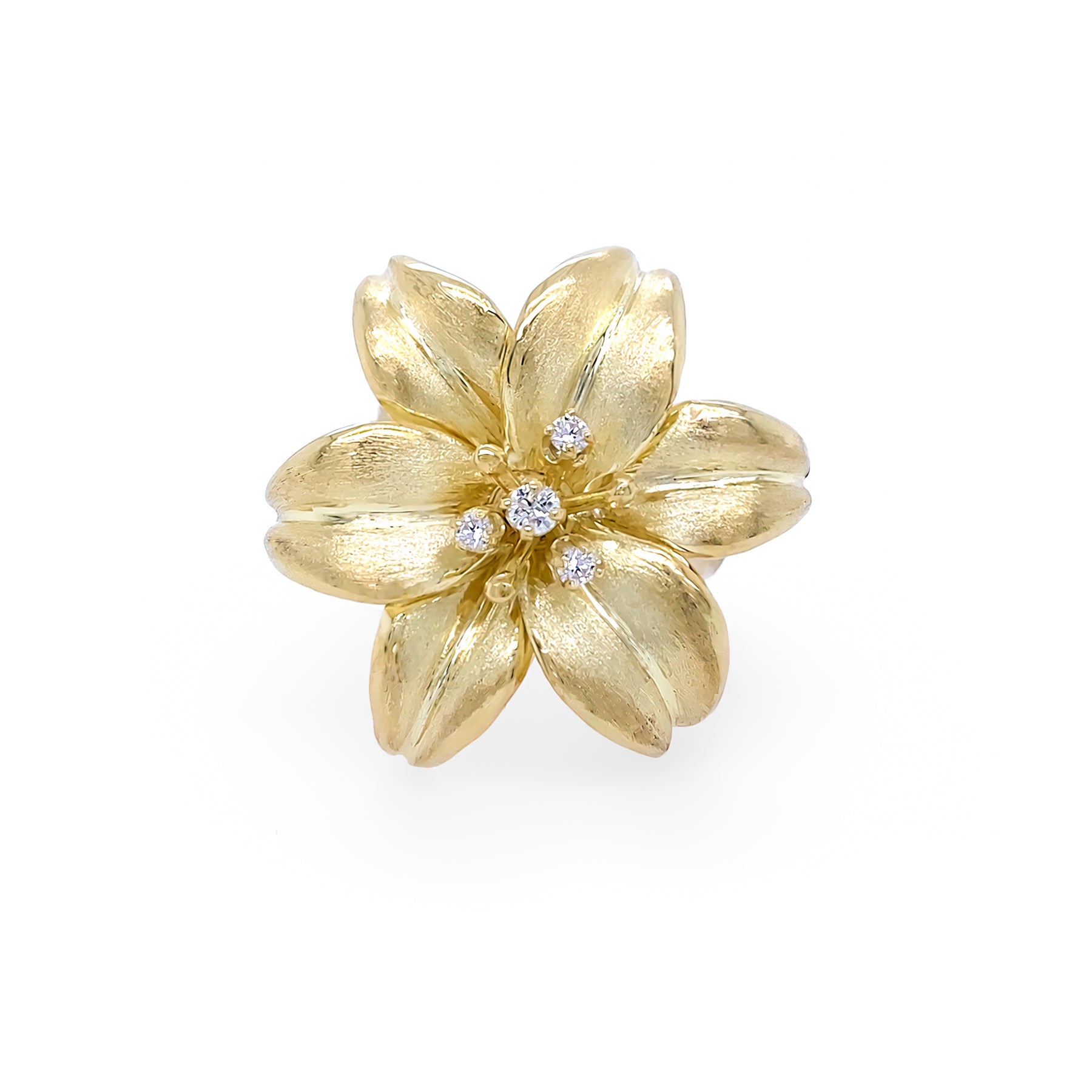 A 14K yellow gold ring designed as a flower with a central diamond and smaller diamonds on the petals.