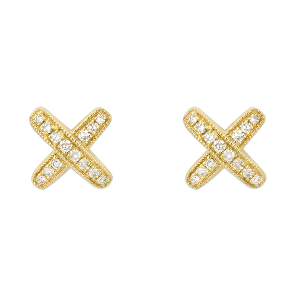 14K Yellow Gold Diamond earrings in a crossover "X" design