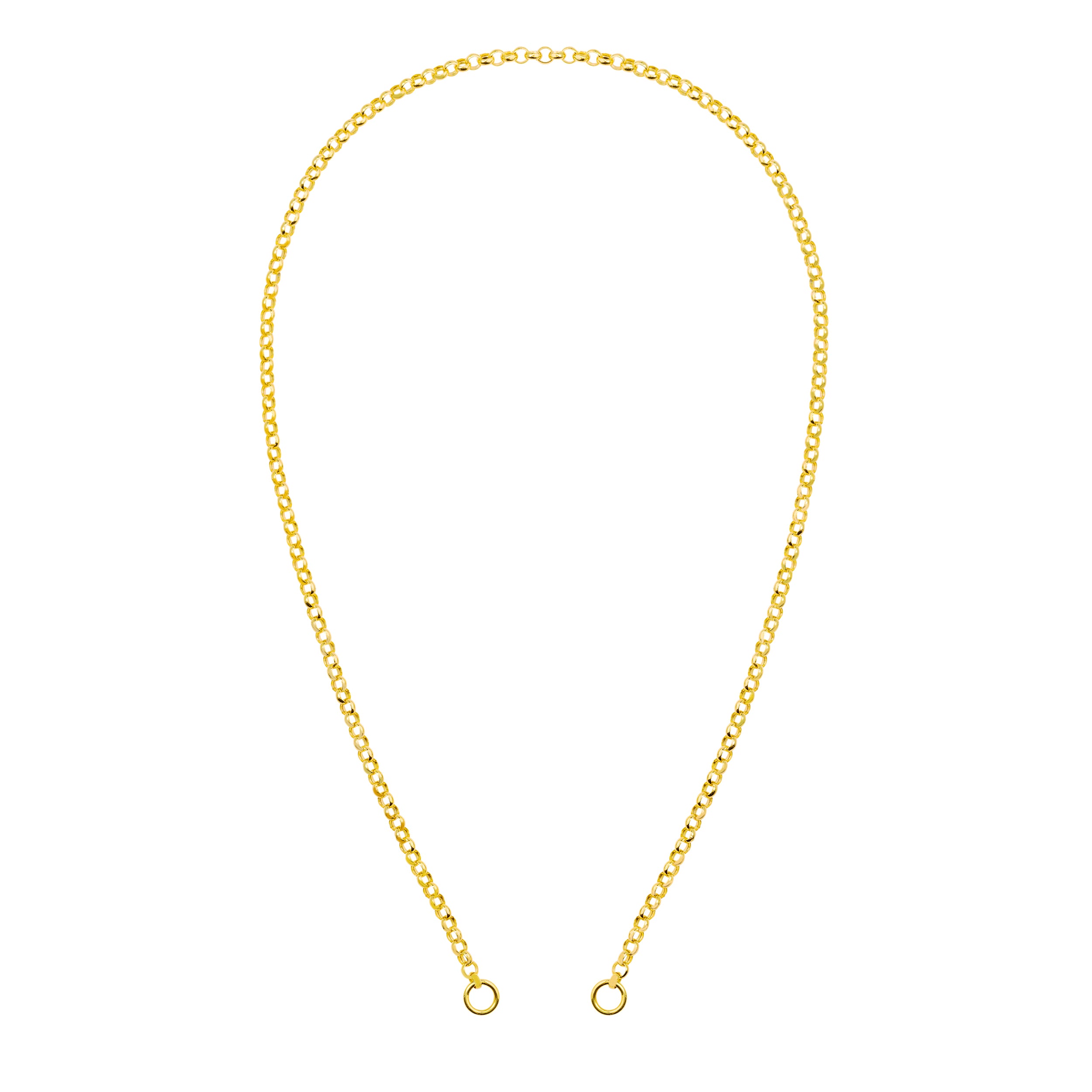 14K Gold Rolo split chain necklace on a white background