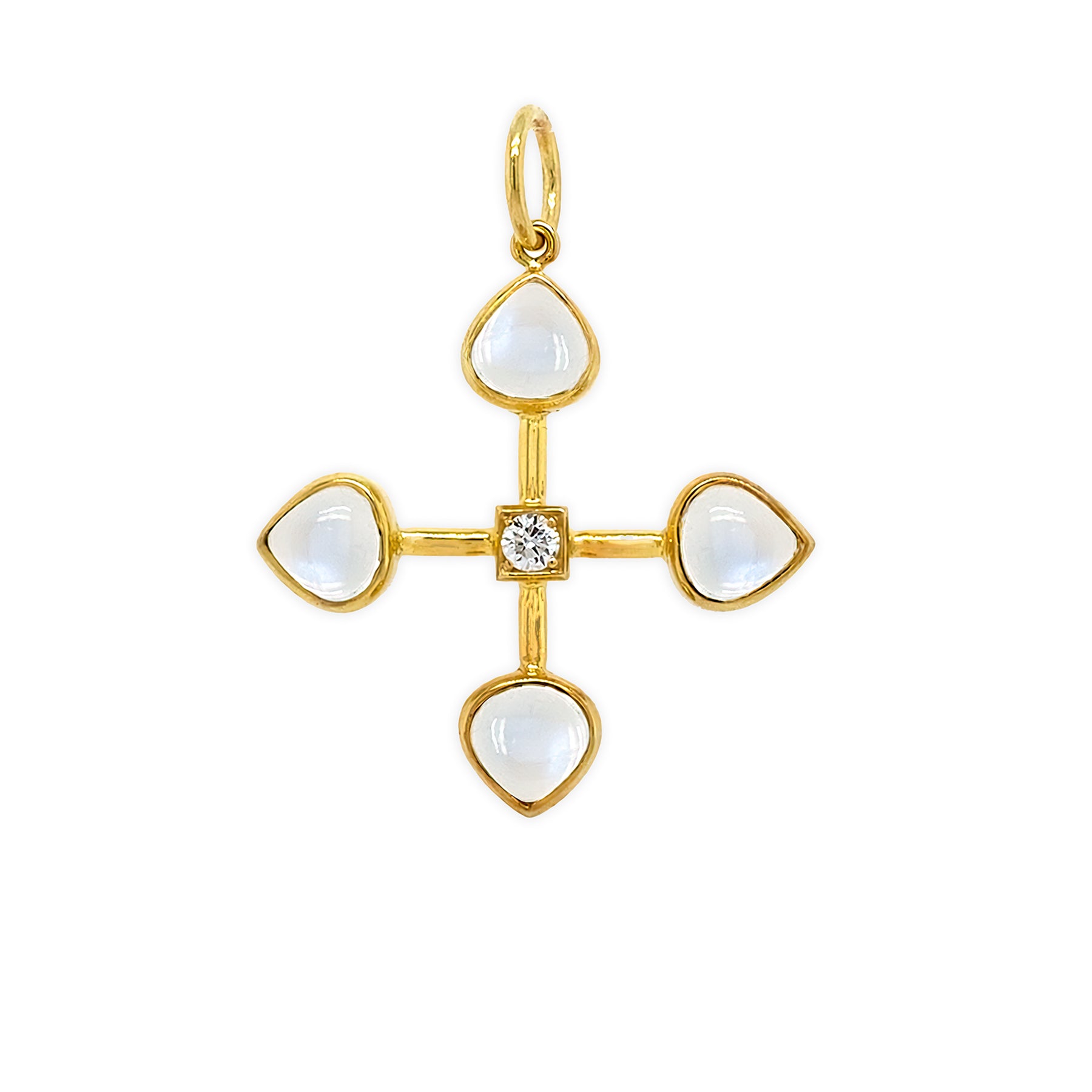 14K yellow gold moonstone diamond cross pendant with single diamond