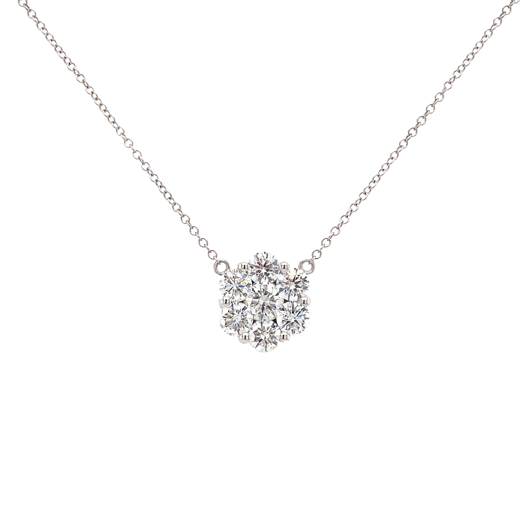 Diamond necklace with Cluster diamond pendant on a white background