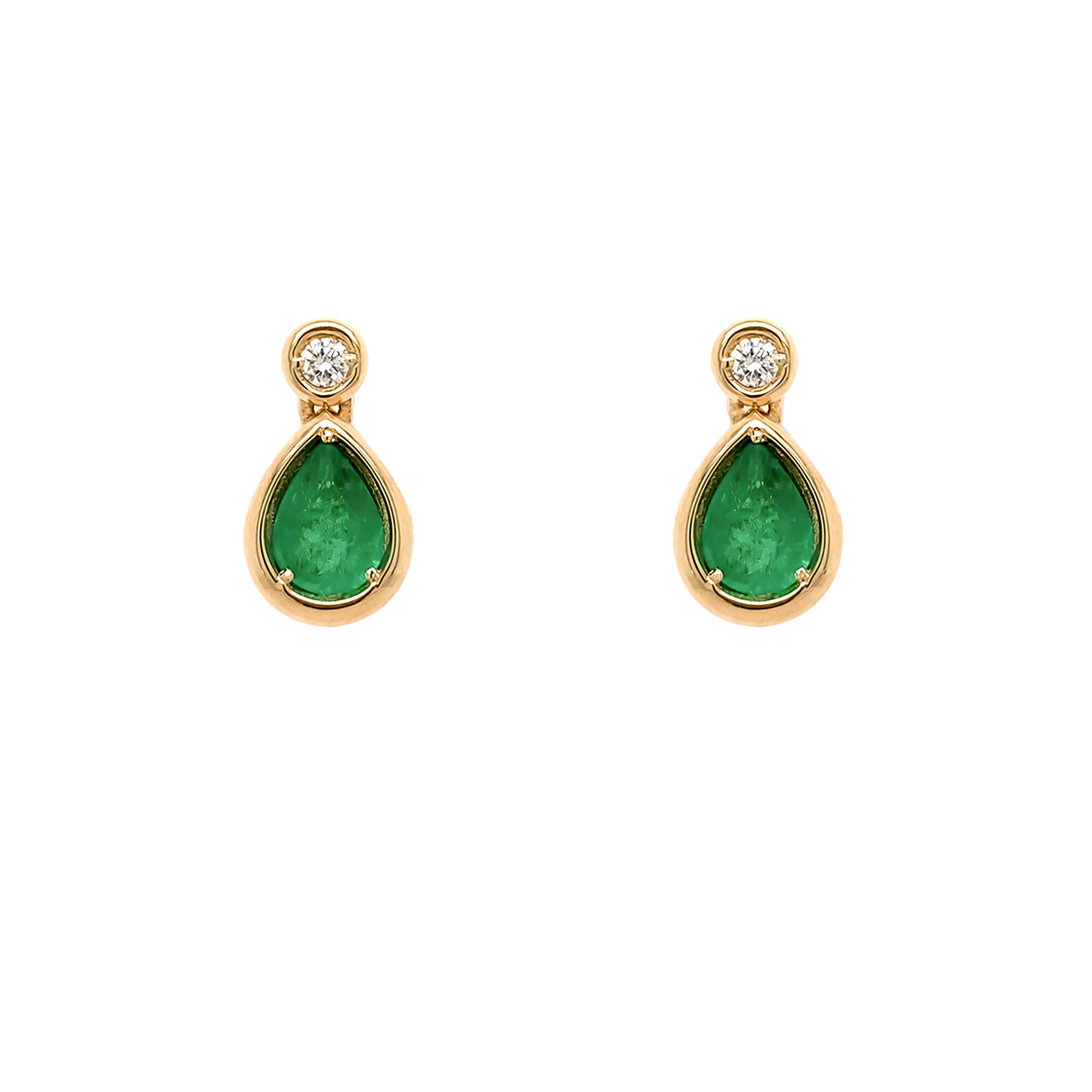 Pair of 14K yellow gold earrings with emerald green gemstones and diamonds on a white background